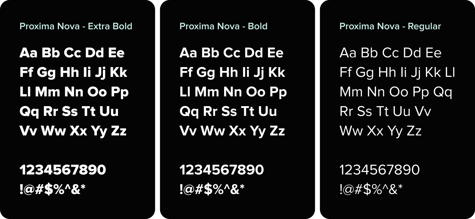 Proxima Nova Regular, Proxima Nova Bold, Proxima Nova Extra Bold Small type specs showing Proxima Nova Regular, Proxima Nova Bold, and Proxima Nova Extra Bold